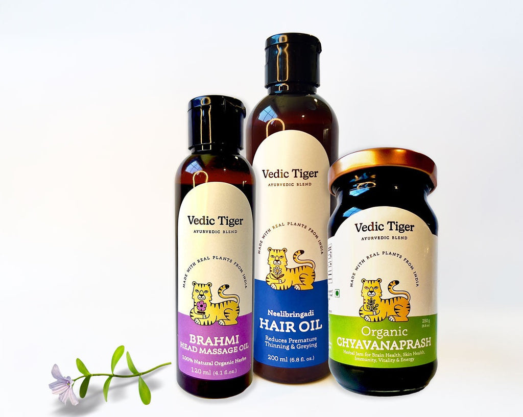 Vedic Tiger's essential Hair Growth Starter Kit with 100% natural ingredients for thinning hair oils and nutritional supplements