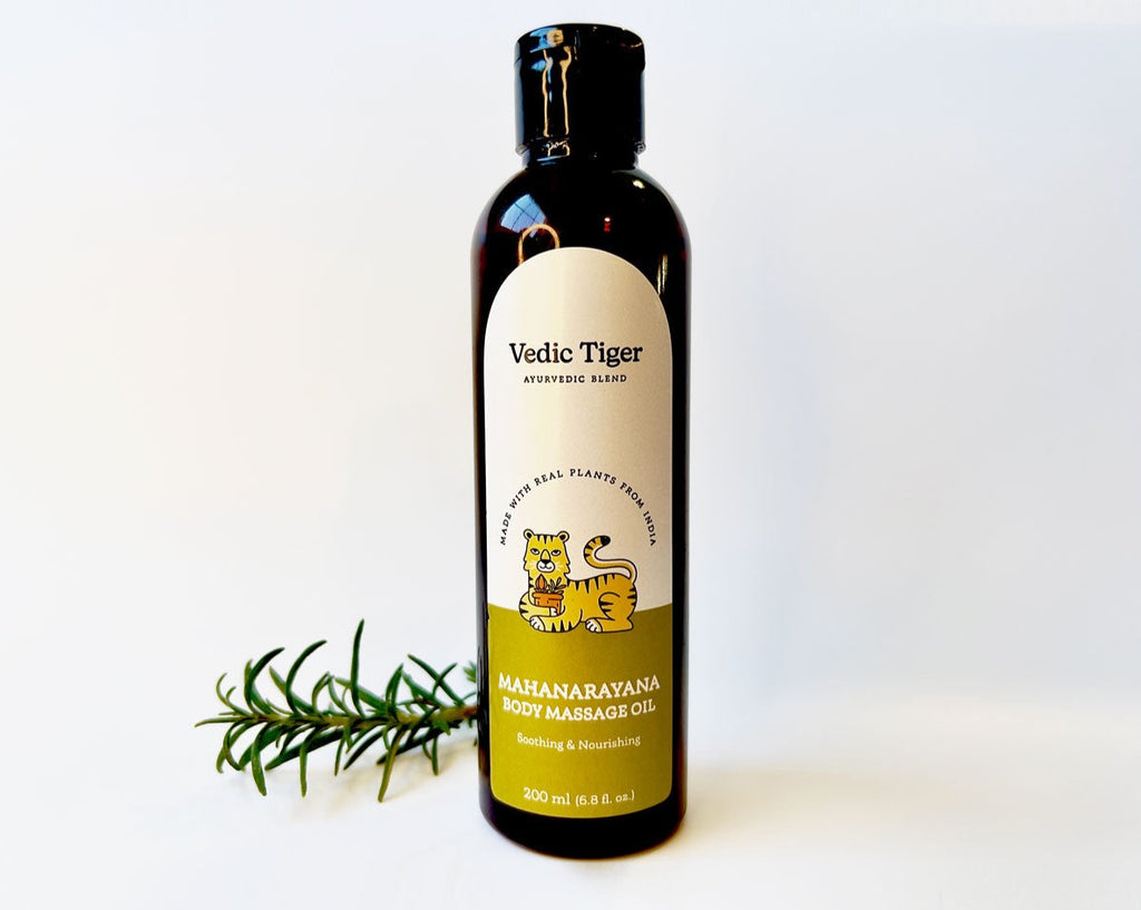 Vedic Tiger's Mahanarayana Supreme Vegan Body Massage Sesame Oil with herbs for soothing muscle pains and joint relief